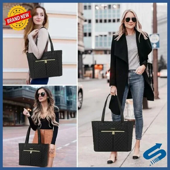 15.6 Inch Diamond Quilted Laptop Tote Bag with 13 Pockets & Clutch - Picture 3 of 7